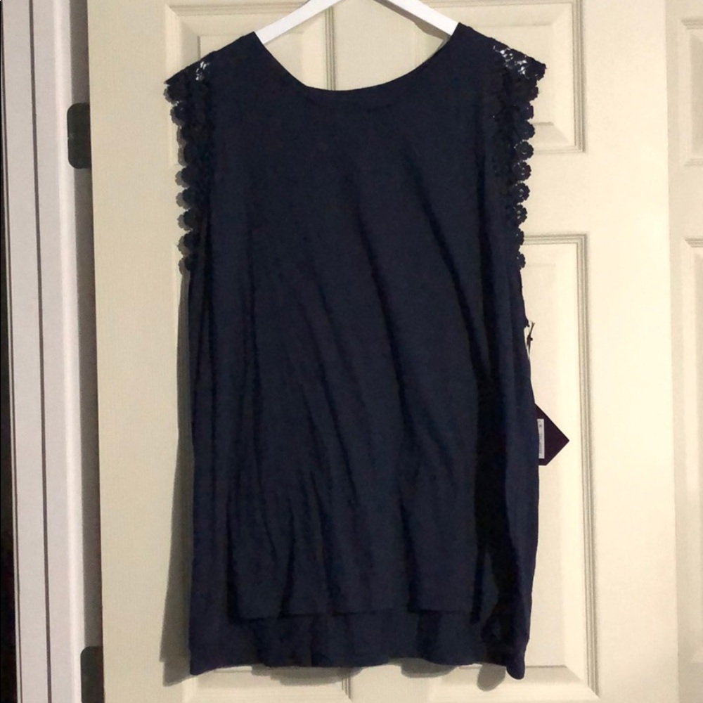 Navy sleeveless top with lace detail. NWT